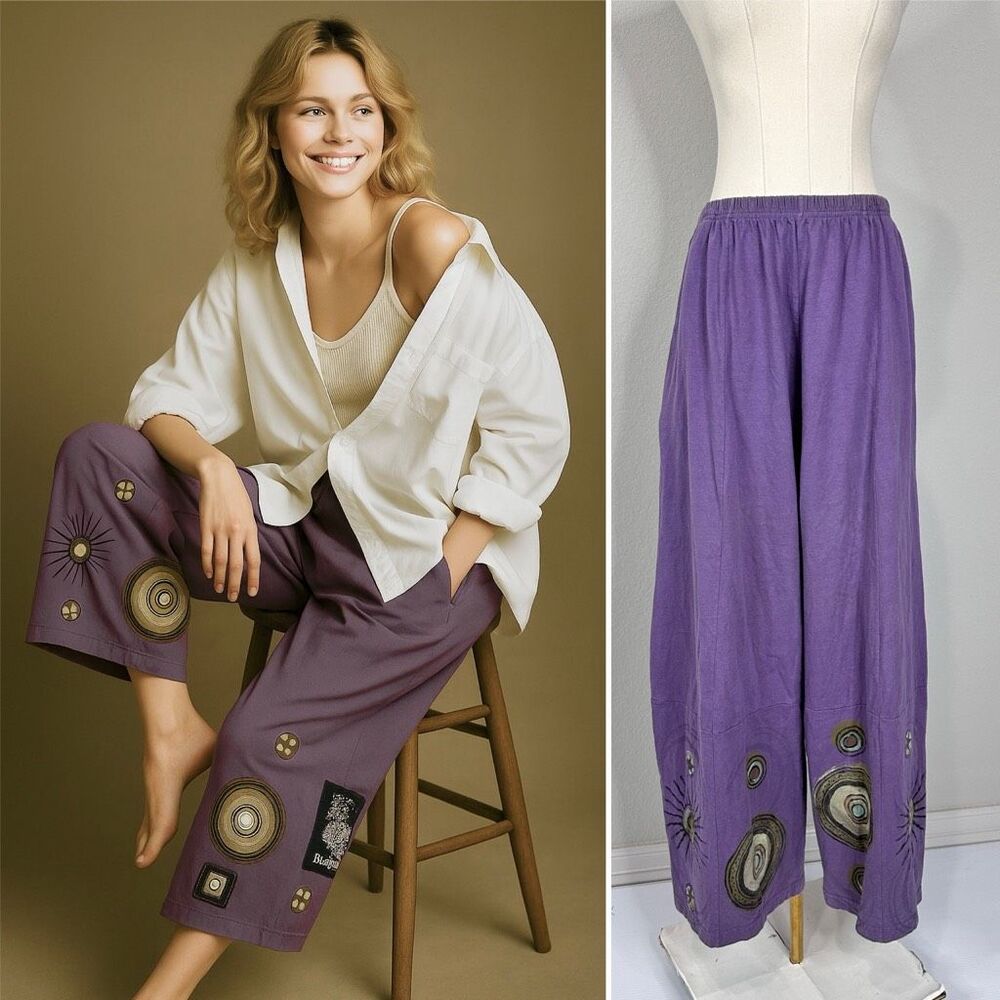 1998 Blue Fish Wide Leg Pants 1/ L Boho Lagenlook Artsy Earthy Celestial Purple
